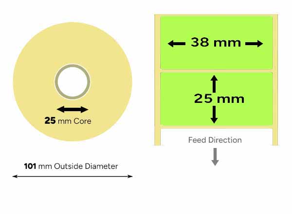 Green thermal labels 38mm x 25mm small roll