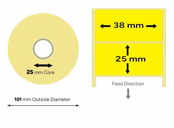 Yellow thermal labels 38mm x 25mm small roll