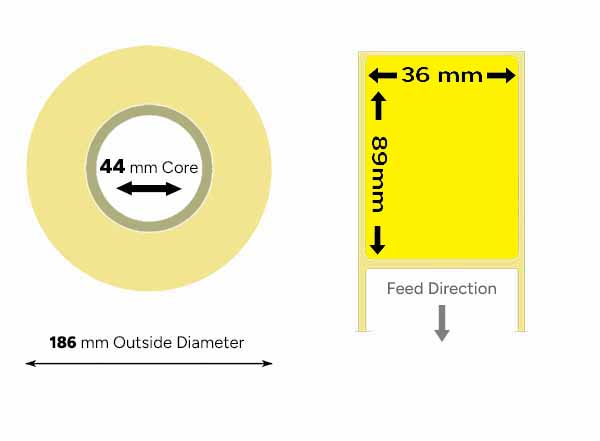 Yellow labels 36mm x 89mm direct thermal large roll