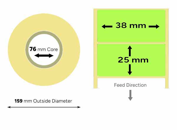 Green thermal labels 38mm x 25mm large roll