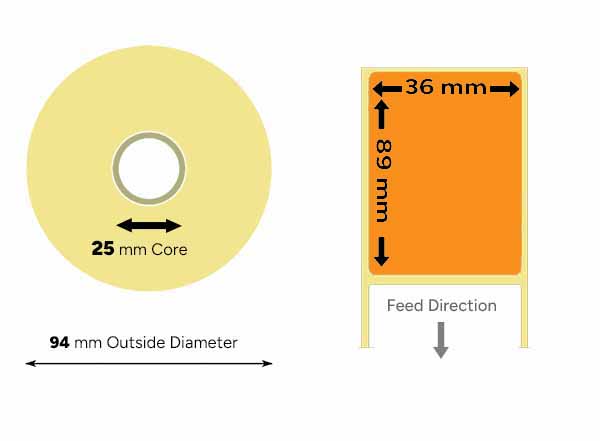 Orange direct thermal labels 36mm x 89mm small roll