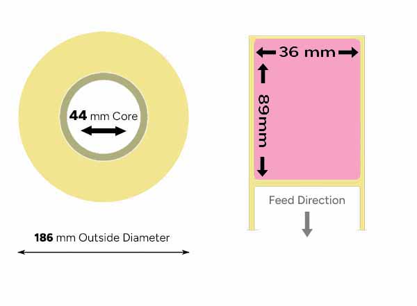 Pink labels direct thermal 36mm x 89mm large roll
