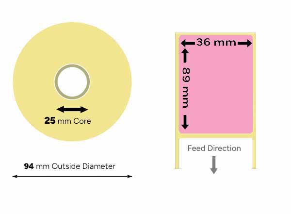 Pink Direct Thermal Labels 36mm x 89mm Small Roll