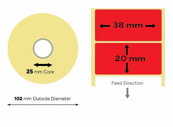 Red thermal labels 38mm x 20mm small roll