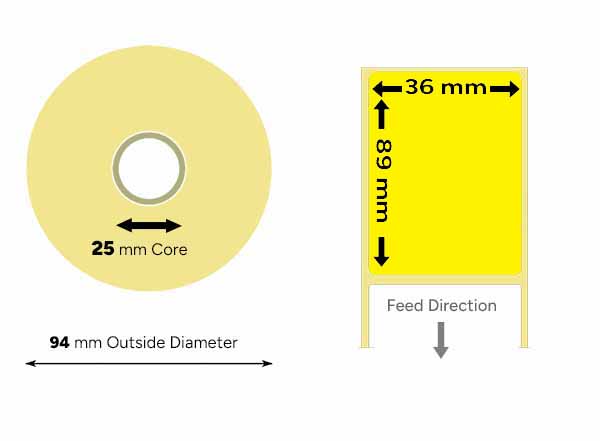Yellow Direct Thermal Labels 36mm x 89mm Small Roll