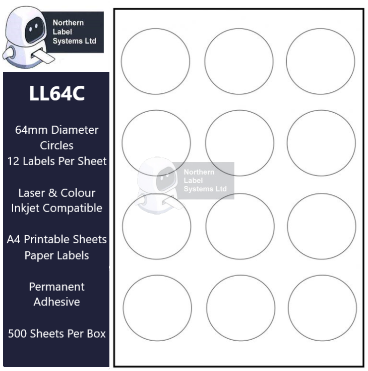 LL64C A4 Labels 12 Per Sheet 64mm Circles