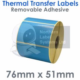 Removable Adhesive 76mm x 51mm Blue Thermal Transfer Labels Small Roll