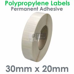 30mm x 20mm Gloss White Polypropylene labels on a 76mm core
