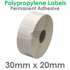 30mm x 20mm Gloss Polypropylene labels on a 25mm core