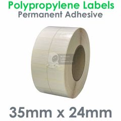 35mm x 24mm gloss white labels polypropylene 2 across on 76mm core