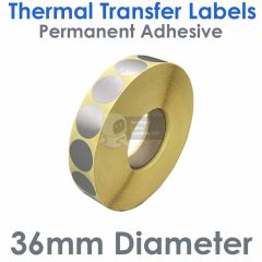 36mm diameter round silver labels on 76mm core