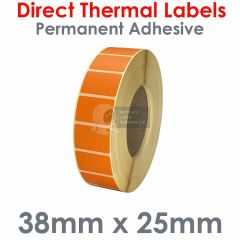 Orange direct thermal labels 38mm x 25mm on 76mm core