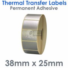 38mm x 25mm silver labels on 25mm core