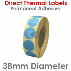38mm diameter blue labels direct thermal on 76mm core