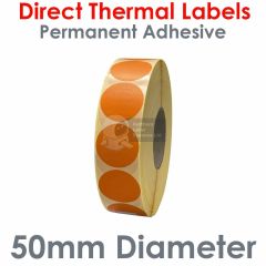 Orange labels 50mm diameter round direct thermal on 76mm core