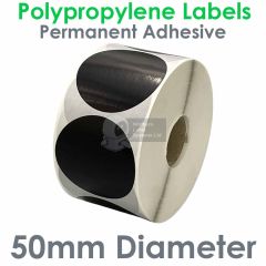 50mm Diameter Black Gloss Polypropylene labels on a 25mm core