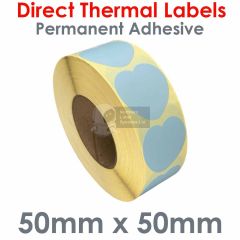 Blue heart shape labels direct thermal 50mm x 50mm