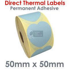 Blue heart shaped labels direct thermal 50mm diameter