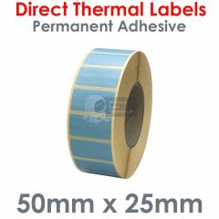 Blue direct thermal labels 50mm x 25mm on large roll
