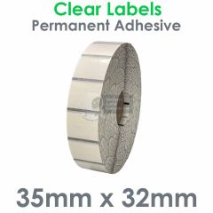 Clear labels 35mm x 32mm on 76mm cores