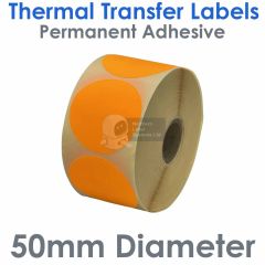 Fluorescent orange labels 50mm diameter round on 25mm core