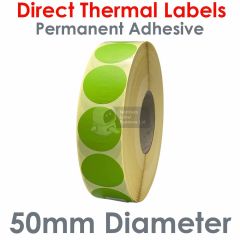 Green labels 50mm diameter round direct thermal