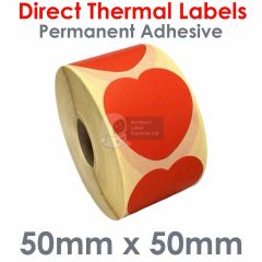Red heart shaped labels 50mm diameter direct thermal