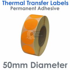 Labels fluorescent orange 50mm diameter round on 76mm cores