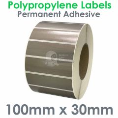Grey labels 100mm x 30mm polypropylene on 76mm core