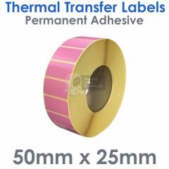Labels pink 50mm x 25mm thermal transfer on 76mm core