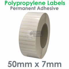 50mm x 7mm labels gloss white polypropylene on 76mm cores