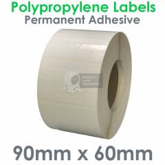 90mm x 60mm polypropylene labels gloss white on 76mm core