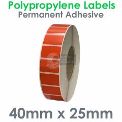 40mm x 25mm labels red polypropylene on 76mm core