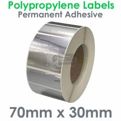 Labels silver polypropylene 70mm x 30mm on 76mm core
