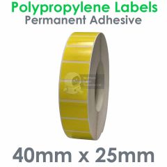Yellow waterproof labels polypropylene 40mm x 25mm on 76mm core