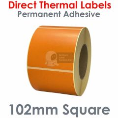 Orange labels 102mm square direct thermal on 76mm core