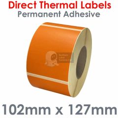 Orange direct thermal labels 102mm x 127mm on 76mm cores