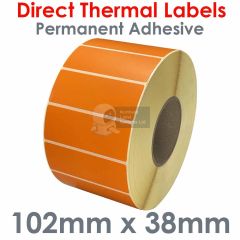 Orange direct thermal labels 102mm x 38mm on 76mm core