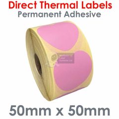 Pink direct thermal heart shaped labels 50mm diameter