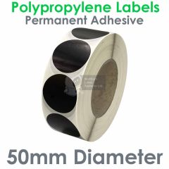 50mm Diameter Black gloss polypropylene labels on a 76mm core
