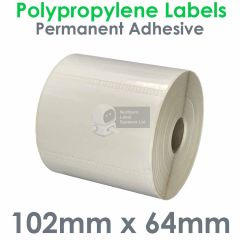 102mm x 64mm polypropylene labels gloss white on 25mm core