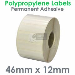 46mm x 12mm labels polypropylene gloss white on 25mm core