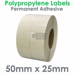 Polypropylene labels PE90 50mm x 25mm 2 across on 76mm cores