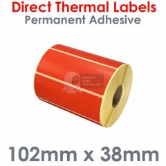 Red direct thermal labels 102mm x 38mm