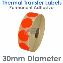 Fluorescent red labels 30mm diameter on rolls