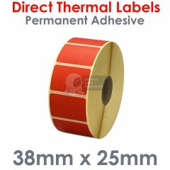 Red direct thermal labels 38mm x 25mm