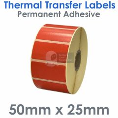 Red labels 50mm x 25mm thermal transfer on 25mm cores