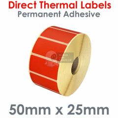Red direct thermal labels 50mm x 25mm