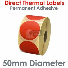 Red labels 50mm diameter round direct thermal