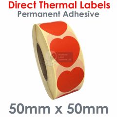 Red direct thermal heart shaped labels 50mm diameter